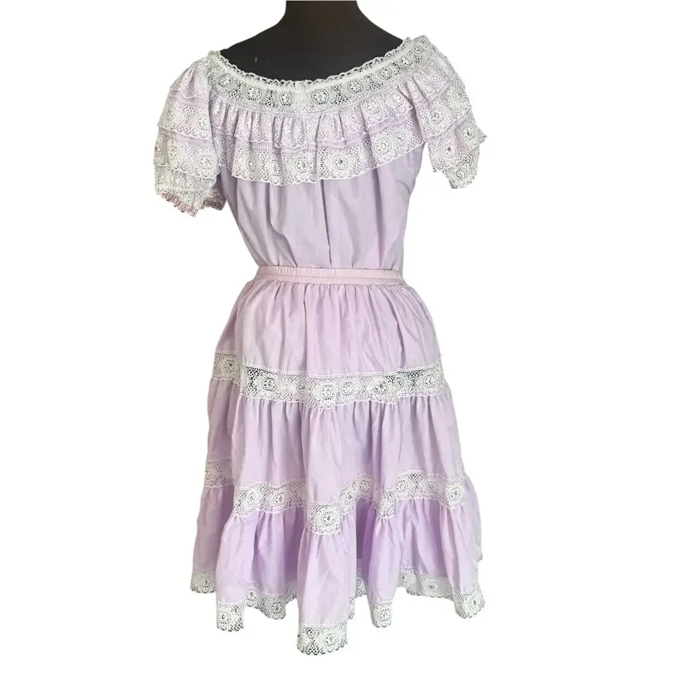 Vintage Square Up Fashions Prairie Skirt Set USA Cottagecore Western Lace Size L